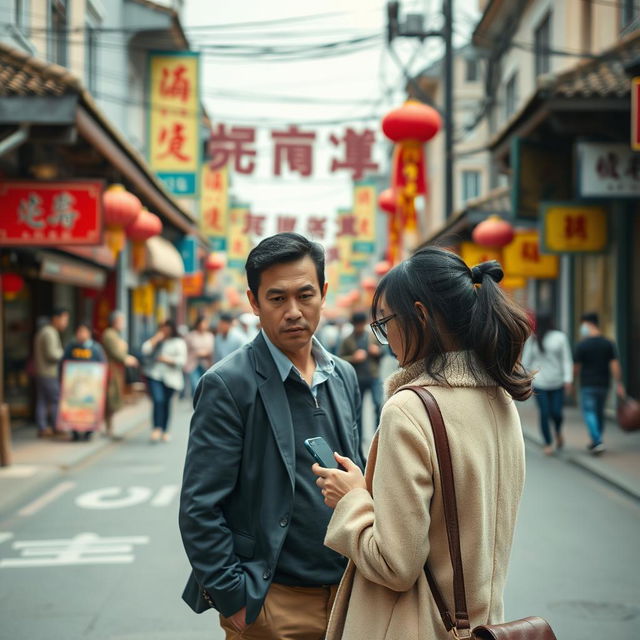 A man and a woman in front of a Chinese street