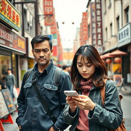 A man and a woman in front of a Chinese street
