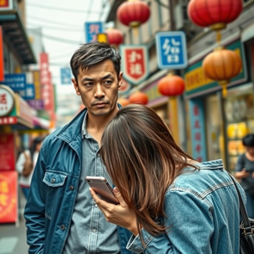 A man and a woman in front of a Chinese street