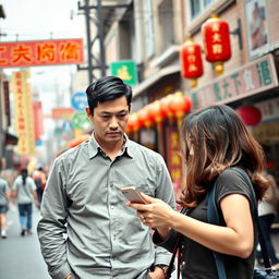 A man and a woman in front of a Chinese street