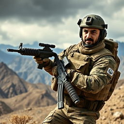 An Iranian commando in full tactical gear, featuring a camouflage uniform with urban patterns, a tactical vest loaded with military equipment, and a helmet with integrated communication devices