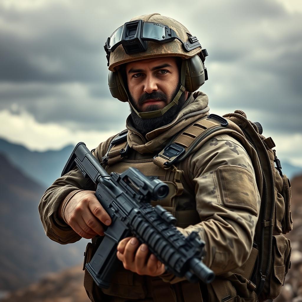 An Iranian commando in full tactical gear, featuring a camouflage uniform with urban patterns, a tactical vest loaded with military equipment, and a helmet with integrated communication devices