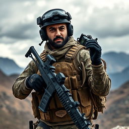 An Iranian commando in full tactical gear, featuring a camouflage uniform with urban patterns, a tactical vest loaded with military equipment, and a helmet with integrated communication devices