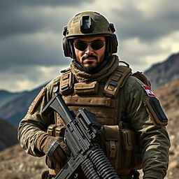 An Iranian commando in full tactical gear, featuring a camouflage uniform with urban patterns, a tactical vest loaded with military equipment, and a helmet with integrated communication devices