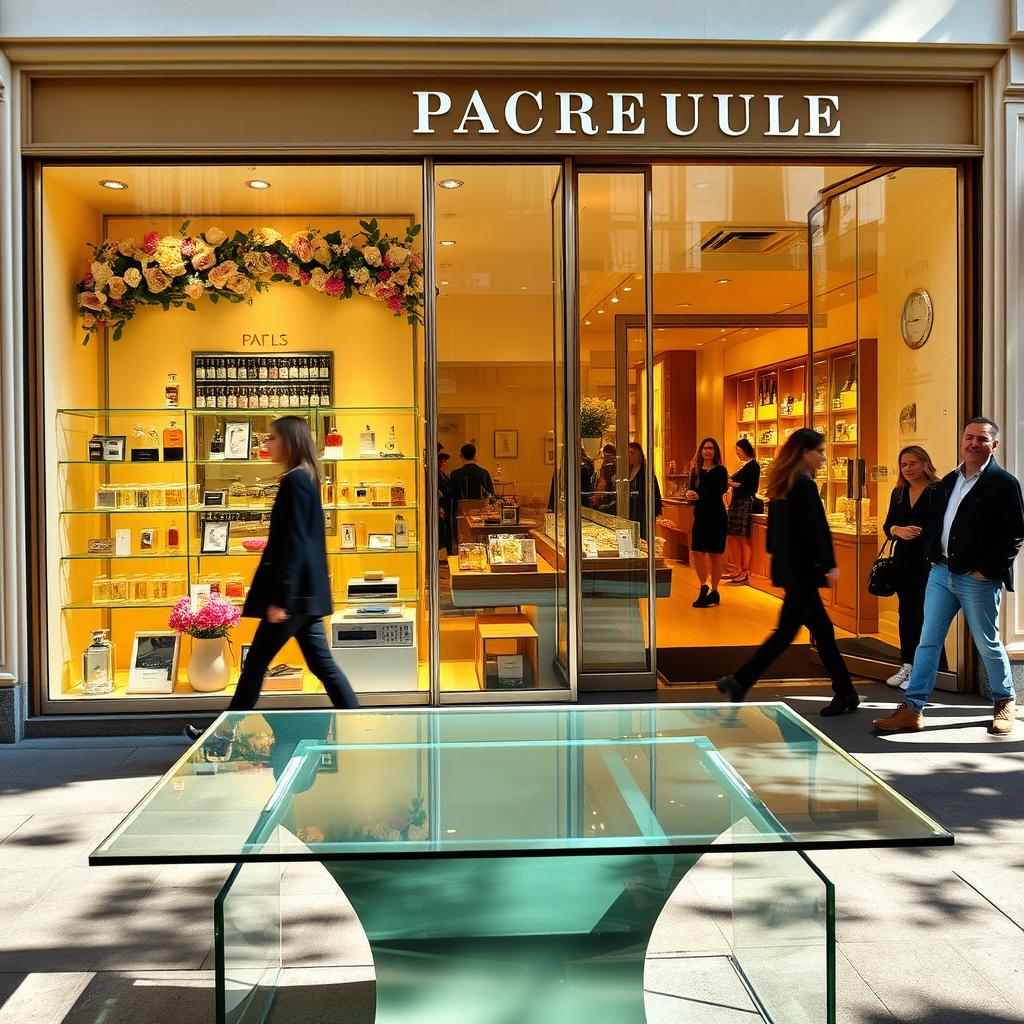 A charming perfume store with an elegant exterior, showcasing beautifully arranged fragrance bottles behind large glass windows