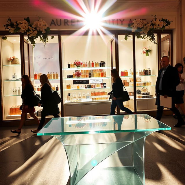 A charming perfume store with an elegant exterior, showcasing beautifully arranged fragrance bottles behind large glass windows