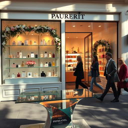 A charming perfume store with an elegant exterior, showcasing beautifully arranged fragrance bottles behind large glass windows