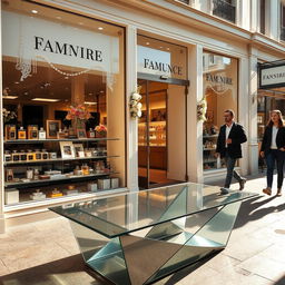A charming perfume store with an elegant exterior, showcasing beautifully arranged fragrance bottles behind large glass windows