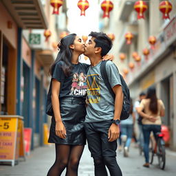 A lively scene featuring a fashionable young Indian girl, approximately 15 years old, dressed in a stylish leather mini skirt, a trendy graphic t-shirt, and elegant black stockings