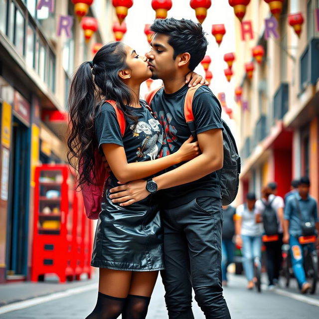 A lively scene featuring a fashionable young Indian girl, approximately 15 years old, dressed in a stylish leather mini skirt, a trendy graphic t-shirt, and elegant black stockings