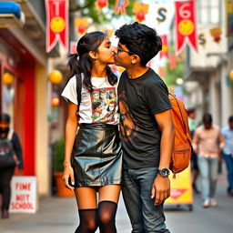 A lively scene featuring a fashionable young Indian girl, approximately 15 years old, dressed in a stylish leather mini skirt, a trendy graphic t-shirt, and elegant black stockings