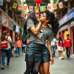 A lively scene featuring a fashionable young Indian girl, approximately 15 years old, dressed in a stylish leather mini skirt, a trendy graphic t-shirt, and elegant black stockings