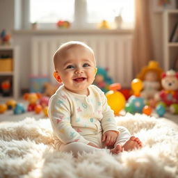 A beautiful, serene image of a smiling baby sitting on a soft, fluffy blanket in a bright, cheerful room filled with colorful toys