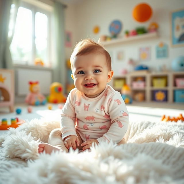 A beautiful, serene image of a smiling baby sitting on a soft, fluffy blanket in a bright, cheerful room filled with colorful toys