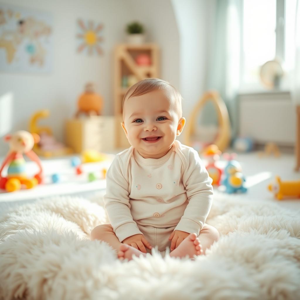 A beautiful, serene image of a smiling baby sitting on a soft, fluffy blanket in a bright, cheerful room filled with colorful toys