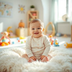 A beautiful, serene image of a smiling baby sitting on a soft, fluffy blanket in a bright, cheerful room filled with colorful toys