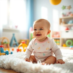 A beautiful, serene image of a smiling baby sitting on a soft, fluffy blanket in a bright, cheerful room filled with colorful toys