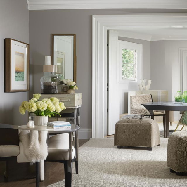 A modern and sophisticated transformation of an aged room into a fresh and welcoming living space with strategic furniture placement, rich textures and cohesive color scheme.