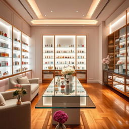 An elegant interior of a perfume store featuring various beautifully designed perfume bottles on display
