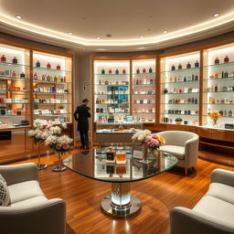 An elegant interior of a perfume store featuring various beautifully designed perfume bottles on display
