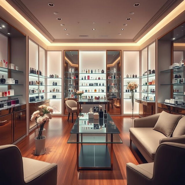 An elegant interior of a perfume store featuring various beautifully designed perfume bottles on display