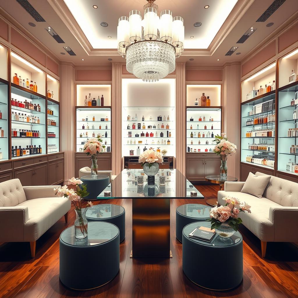 An elegant interior of a perfume store featuring various beautifully designed perfume bottles on display