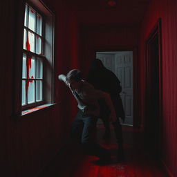A room filled with eerie red light, where a liquid resembling blood is flowing down the walls