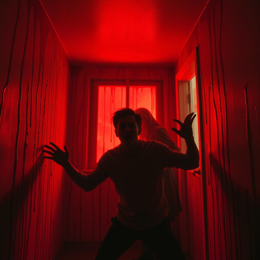 A room filled with eerie red light, where a liquid resembling blood is flowing down the walls