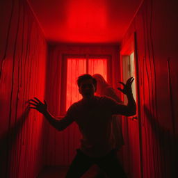 A room filled with eerie red light, where a liquid resembling blood is flowing down the walls