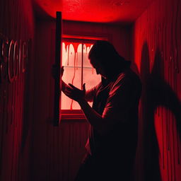 A room filled with eerie red light, where a liquid resembling blood is flowing down the walls
