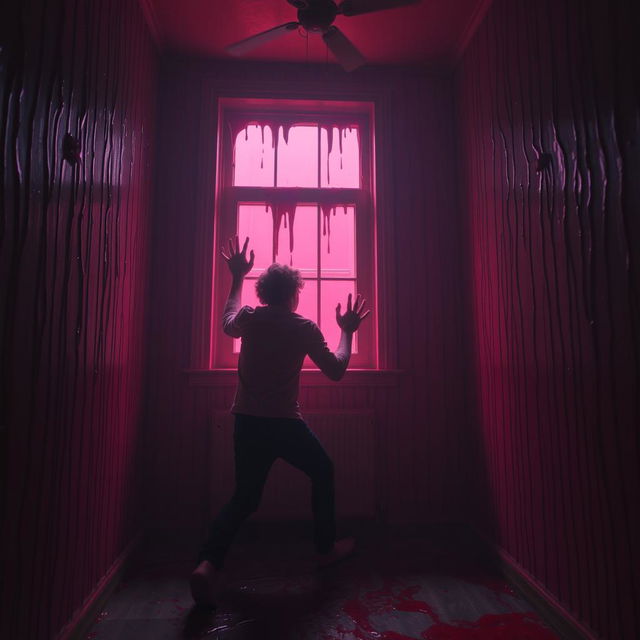 A room filled with eerie red light, where a liquid resembling blood is flowing down the walls