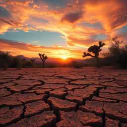 A stunning desert landscape featuring deep cracks in the dry terrain, vividly contrasted by a wall of thorns, trees, and brambles