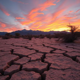A stunning desert landscape featuring deep cracks in the dry terrain, vividly contrasted by a wall of thorns, trees, and brambles