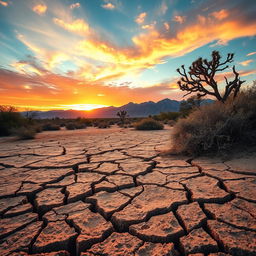 A stunning desert landscape featuring deep cracks in the dry terrain, vividly contrasted by a wall of thorns, trees, and brambles