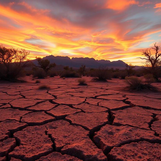 A stunning desert landscape featuring deep cracks in the dry terrain, vividly contrasted by a wall of thorns, trees, and brambles