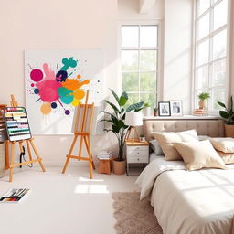 A well-organized interior scene depicting a studio on the left side of the image and an individual room on the right