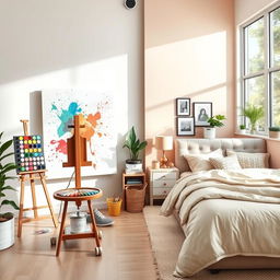 A well-organized interior scene depicting a studio on the left side of the image and an individual room on the right