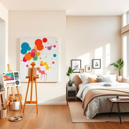 A well-organized interior scene depicting a studio on the left side of the image and an individual room on the right