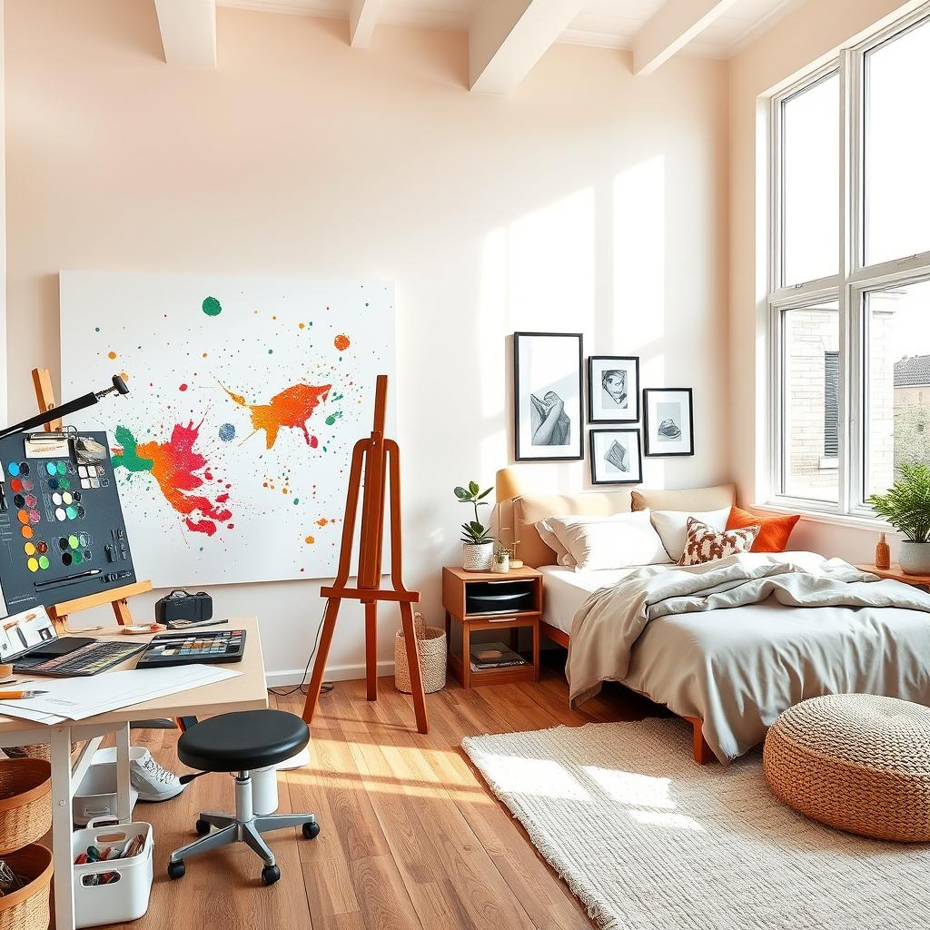 A well-organized interior scene depicting a studio on the left side of the image and an individual room on the right