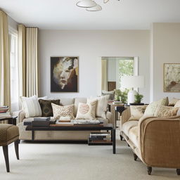 A modern and sophisticated transformation of an aged room into a fresh and welcoming living space with strategic furniture placement, rich textures and cohesive color scheme.