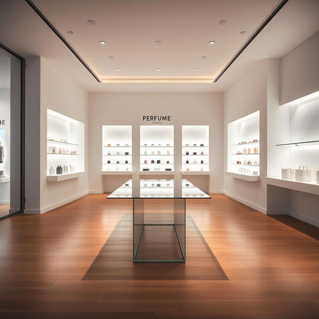 A minimalist interior of a perfume store featuring clean lines and a bright, airy atmosphere