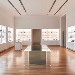 A minimalist interior of a perfume store featuring clean lines and a bright, airy atmosphere