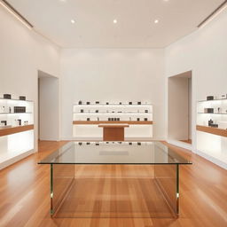 A minimalist interior of a perfume store featuring clean lines and a bright, airy atmosphere