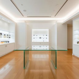 A minimalist interior of a perfume store featuring clean lines and a bright, airy atmosphere