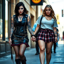 An alluring scene featuring a tall, sexy, hot, beautiful, stunning, curvy 35-year-old woman adorned with tattoos on her arms and legs