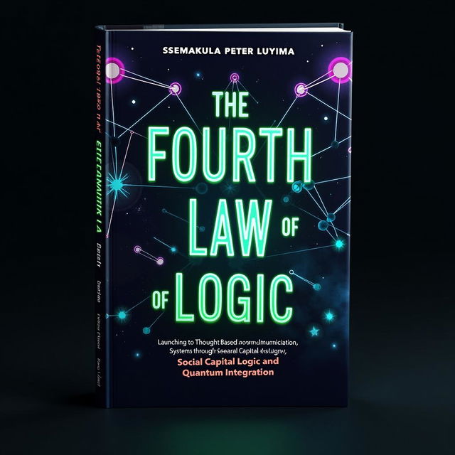 A striking book cover for 'The Fourth Law of Logic: Launching Thought-Based Communication Systems through Social Capital Logic and Quantum Integration' by Ssemakula Peter Luyima