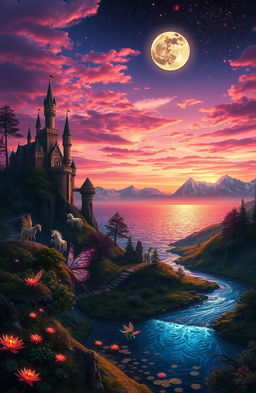 A breathtaking fantasy landscape featuring a majestic castle perched on a cliff overlooking a sparkling sea, surrounded by lush, enchanted forests filled with glowing plants and mythical creatures like fairies and unicorns