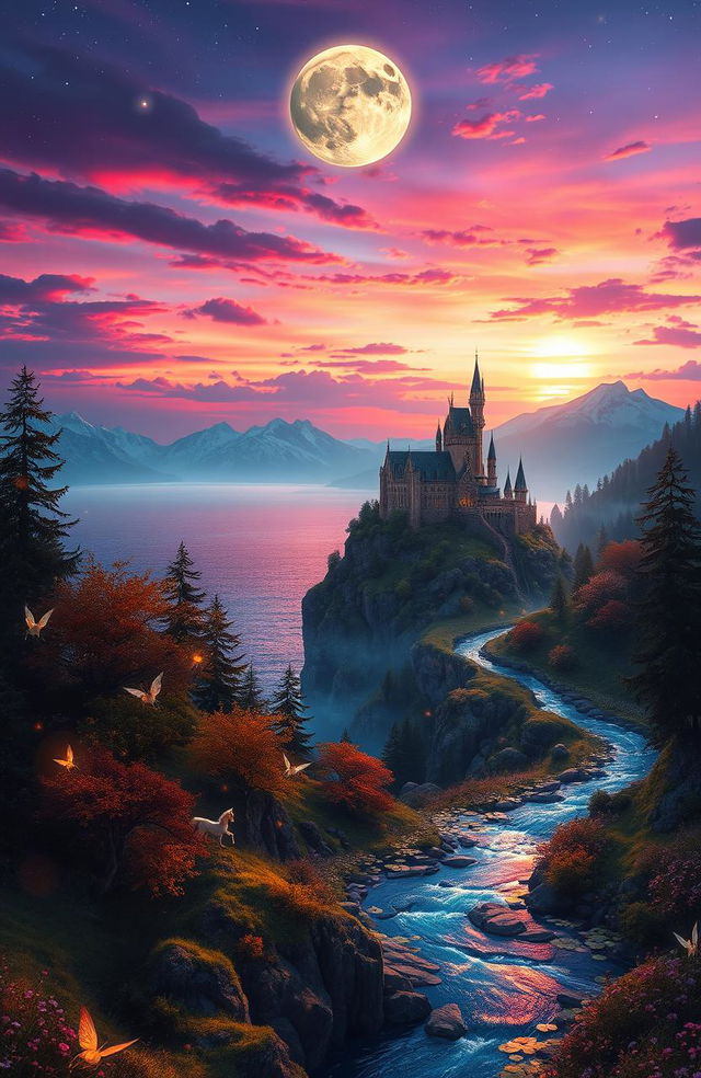 A breathtaking fantasy landscape featuring a majestic castle perched on a cliff overlooking a sparkling sea, surrounded by lush, enchanted forests filled with glowing plants and mythical creatures like fairies and unicorns