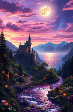 A breathtaking fantasy landscape featuring a majestic castle perched on a cliff overlooking a sparkling sea, surrounded by lush, enchanted forests filled with glowing plants and mythical creatures like fairies and unicorns