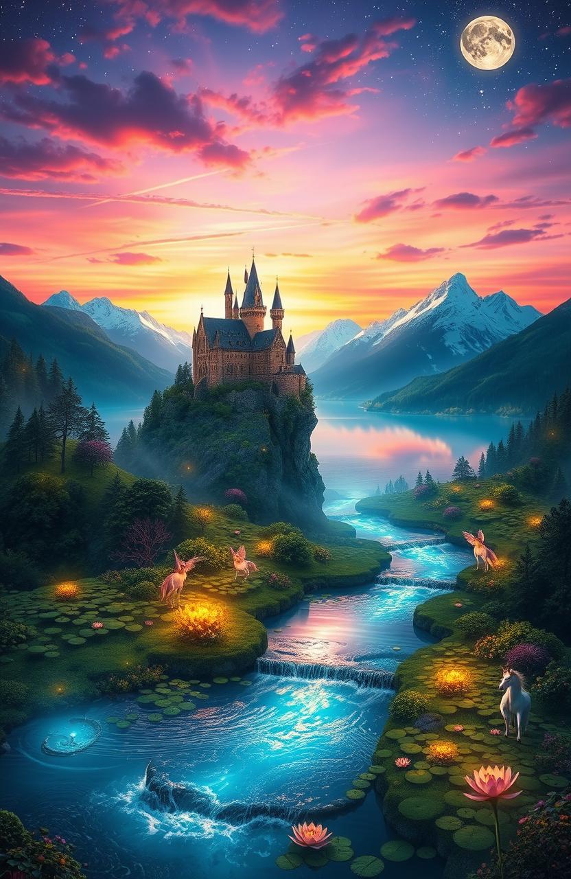 A breathtaking fantasy landscape featuring a majestic castle perched on a cliff overlooking a sparkling sea, surrounded by lush, enchanted forests filled with glowing plants and mythical creatures like fairies and unicorns